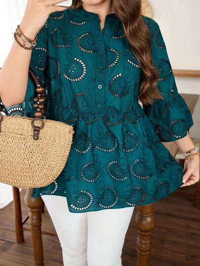 Lacomfia Women's Plus Size Ruffled 3/4 Sleeve Hollow Out Embroidered Casual Blouse