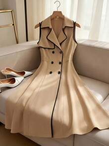 GlowEve Women's Khaki And Black Contrast Trim Lapel Collar Double-Breasted Waist Cinched Elegant Casual Commute Fashion French Versatile Holiday Business Khaki Contrast Black Sleeveless Trench Coat, Early Spring/Spring & Summer - Khaki - View 1