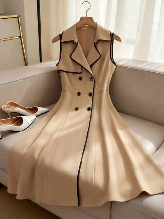 GlowEve Cappotto elegante e casual da donna in stile trench, con colletto a risvolto, chiusura doppio petto, vita stretta, in colore kaki con dettagli a contrasto nero, adatto per l'ufficio, il tempo libero e le vacanze, ideale per la e l'inizio dell'estate