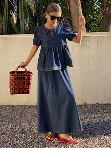 Livesso Spring/Summer Romantic Loose Casual Vacation Style Blue Shirt And Loose Denim Skirt Women's 2-Piece Set - Blue - View 7