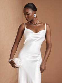JIAN LASALA 优雅白色缎面吊带垂领无袖美人鱼长裙，适合婚礼派对和婚礼宾客穿着。 - 白色 - 查看 6