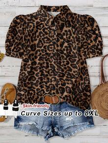 SHEIN CURVE+ 1 chiếc áo thun nữ cỡ lớn in họa tiết da báo, kiểu dáng rộng rãi, cổ chữ V, chất liệu vải in họa tiết da báo. Áo thun in họa tiết da báo màu nâu, áo thun in họa tiết da báo nữ, áo thun in họa tiết da báo mùa thu. - trắng - Xem 1