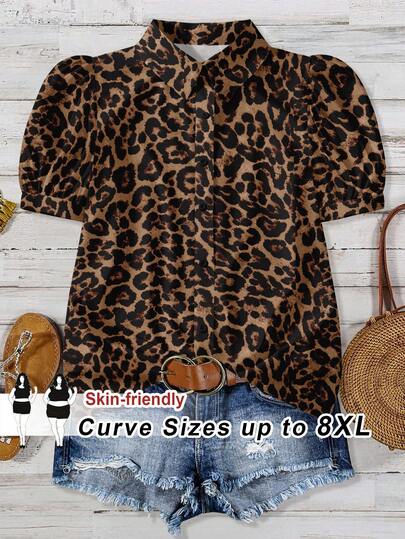 SHEIN CURVE+ 1pc Plus Size Women Leopard Print Casual Loose V-Neck Shirt Leopard Print Shirt Leopard Print Top Brown Leopard Print Shirt Women Leopard Top Autumn