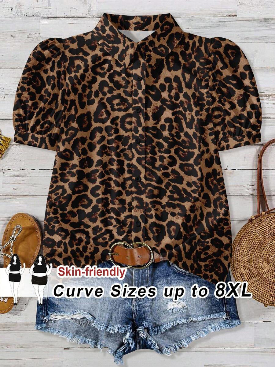 SHEIN CURVE+ 1 chiếc áo thun nữ cỡ lớn in họa tiết da báo, kiểu dáng rộng rãi, cổ chữ V, chất liệu vải in họa tiết da báo. Áo thun in họa tiết da báo màu nâu, áo thun in họa tiết da báo nữ, áo thun in họa tiết da báo mùa thu. - trắng - Xem 1
