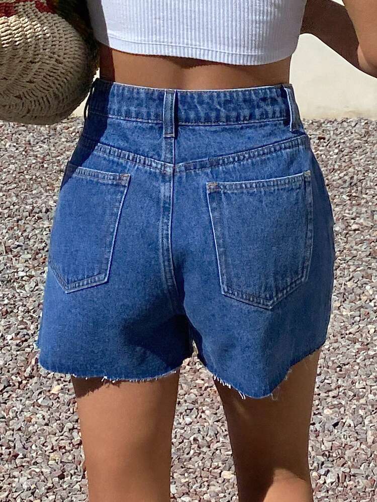 Women's High Waist Pocketed Frayed Hem Casual Versatile Denim Shorts Jorts Summer
