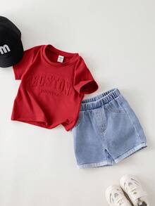 SHEIN 2pcs Baby Boy Summer Casual Letter Print T-Shirt And Light Blue   Shorts Set - Red - View 6