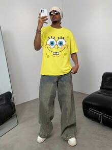 SpongeBob SquarePants | SHEIN Men's Casual Cartoon Print Round Neck Short Sleeve T-Shirt, Versatile For Daily Wear - White - View 9