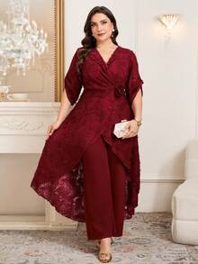 Reflora Plus Size Burgundy Elegant Wedding Jumpsuits For Women,Winter Crossover Wrap Ruched Waist Floral Decor Mid-Rise Jumpsuit, Party Outfits - Burgundy - View 3