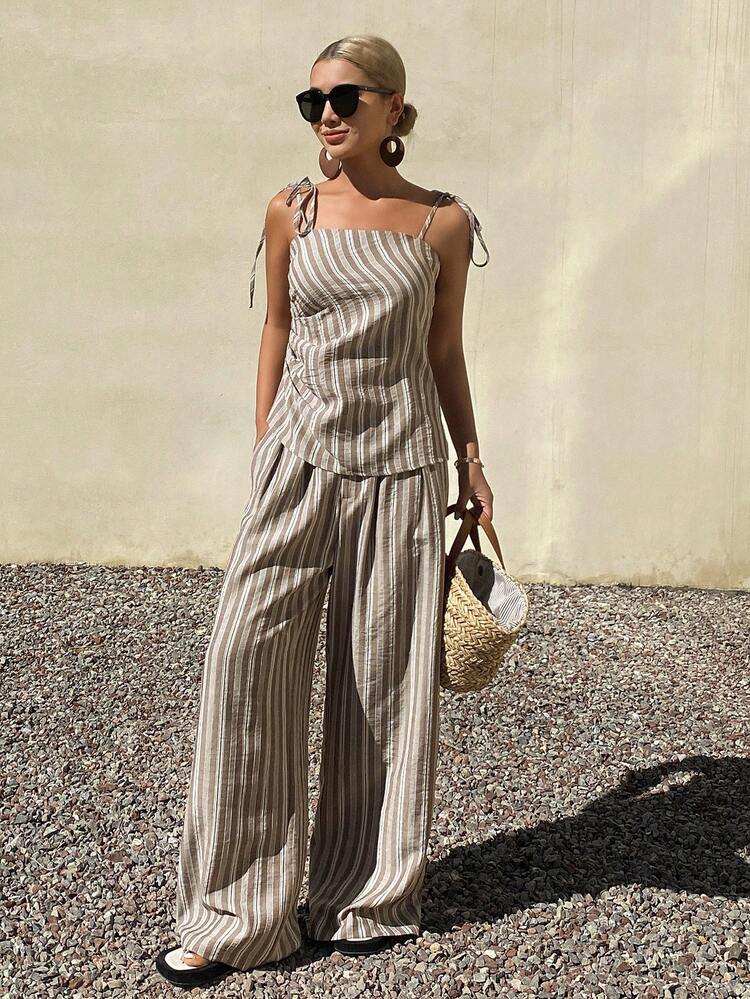 2pcs Set: Striped Camisole Design Slim Fit Top And Loose Striped Pants