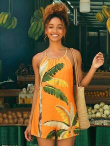 CAJUNI 女士休闲度假热带椰树渐变印花吊带无袖露肩系带连体裤，适合约会、派对、音乐节，30美元，时尚别致 - 黃色 - 查看 1