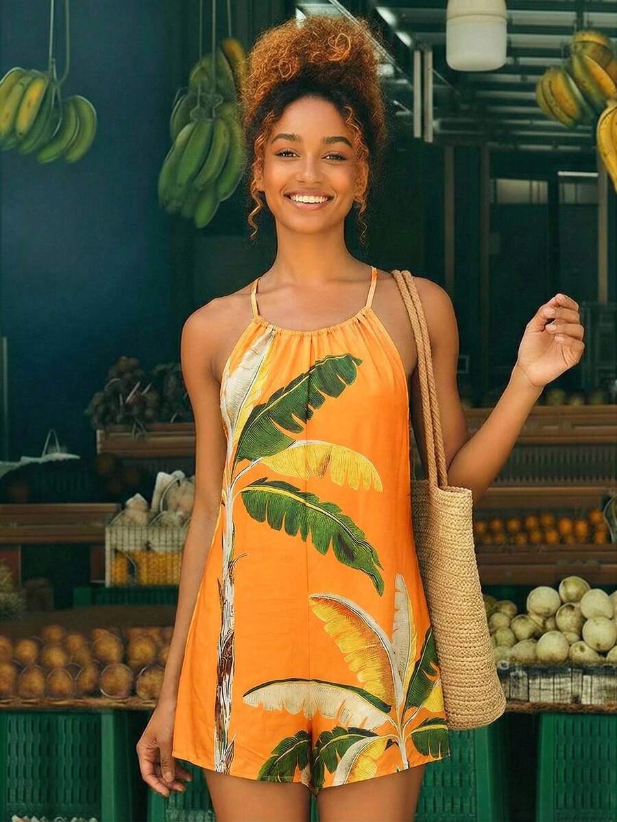 CAJUNI 女士休闲度假热带椰树渐变印花吊带无袖露肩系带连体裤，适合约会、派对、音乐节，30美元，时尚别致 - 黃色 - 查看 1