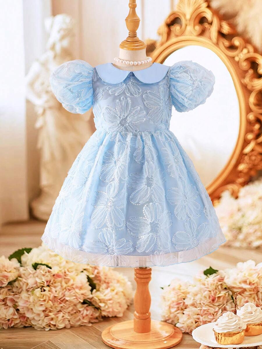 SHEIN Girls' Peter Pan Collar Floral Waist Puff Skirt Tulle Party Dress With Puff Sleeves, Elegant For Gatherings And Occasions, All Seasons Kids Blue Dresses Girls Blue Dresses Ballerina Baby Blue Princess Childrens Blue Floral Dress Small Girl Sky Blue Dresses Jacquard Dresses For Kids Small Girl Blue Dresses Kids Jacquard Dresses Toddler Girl Blue Dresses Girls Puff Sleeve Dresses Kids Light Blue Dresses Summer Tops New Ss26 Fashion Squishy Summer Outfits - Blue - View 1