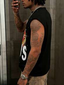 Manfinity Dauomo 男士休闲时尚街头风耶稣印花仿珍珠装饰宽松背心，适合夏季日常通勤 - 黑色 - 查看 3