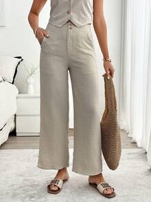 Louniche Pantalones anchos de verano de estilo informal similar al lino para mujer - Albaricoque - Ver 3