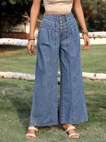 Breezaya 女士休闲宽松阔腿褶皱百搭牛仔裤 - 中等水洗藍 - 查看 5