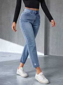 SHEIN Tall Women's Casual Distressed Tapered Leg Jeans - Light Wash - View 6