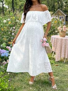 SHEIN Pregnant Women's Elegant Vacation Textured Off-Shoulder Dress, Summer - White - View 3