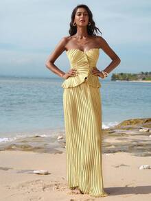 Opulessa 纯色编织抹胸上衣和高腰鱼尾裙两件套女装 - 淡黃色 - 查看 4
