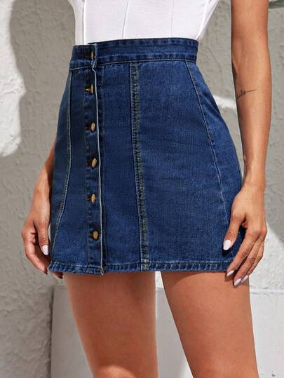 Slaydiva Plus Size Women High Waist Single-Breasted Casual Denim Mini Skirt Mini Dark Blue Jean Skirts Jean Skirt Y2k Dark Denim Skirt Denim Skirt Mini