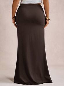 Freevana Plus Size Elegant Romantic Vintage A-Line Maxi Knit Skirt For Party And Gathering, Autumn/Winter - Coffee Brown - View 2