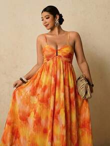 Travachic Đầm xếp ly in họa tiết dáng rộng dành cho nữ cỡ lớn, thích hợp mặc đi nghỉ mát. - trái cam - Xem 8