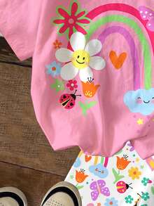 SHEIN 两件套女童休闲可爱印花短袖T恤和短裤套装，图案包括花朵、人脸、彩虹、昆虫和蝴蝶，适合夏季女童穿搭，春夏皆宜，夏季度假必备，波点元素，Y2K风格，女婴服装，套装，舒适春夏款式，轻松舒适 - 彩色 - 查看 6