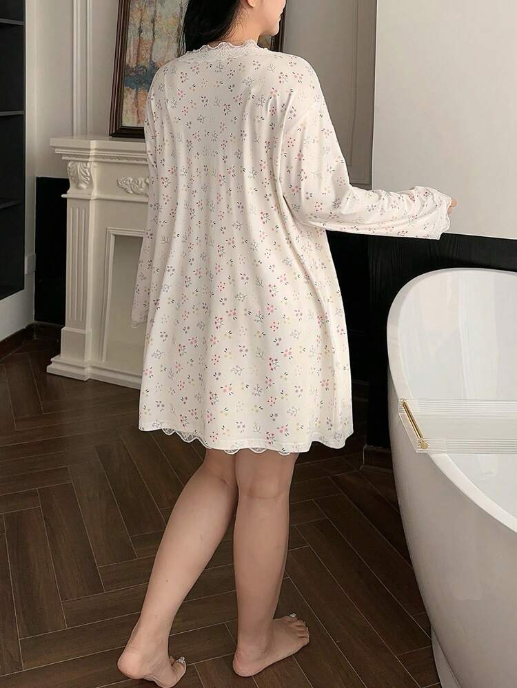 Dazy Plus Elegant 2-Piece Pajama Set, Ditsy Floral Bodycon Sexy Mini Slip Dress & Loose Long Sleeve Cardigan, Plus Size Women Sleepwear