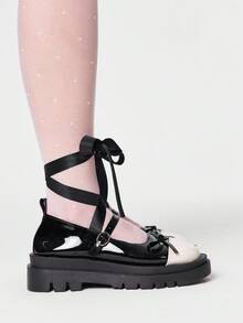 ROMWE Kawaii 女士时尚甜美蝴蝶结装饰系带平底鞋 - 黑白蝴蝶結亮皮 - 查看 3