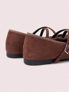 CUCCOO DOLLMOD Women's Shoes Dark Brown Square Toe Characteristic Pleated Suede Cross Strap Mary Jane Low Vamp Ballet Flats - Coffee Brown - View 4