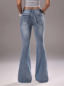 TRNVIE 时尚休闲复古做旧低腰喇叭牛仔裤 - 中等水洗藍 - 查看 2