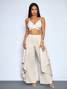 SOLERSUN Women's Elegant Layered Irregular Hem Flowy Low-Waisted Trousers - Apricot - View 4