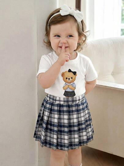 Souflis Souflis 2pcs/Set French Style Casual School Girl White Round Neck Cute Bear Graphic T-Shirt & Khaki Plaid Skirt Outfit, Suitable For School, Leisure, Home And Other Occasions, Girls