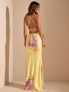 SHEIN BAE 黄色碎花深V领露背修身连衣裙，优雅美人鱼廓形度假沙滩裙，夏季连衣裙，黄色碎花连衣裙 - 淡黃色 - 查看 2