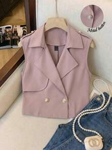 Franclia Abrigo de trinchera sin mangas con cuello de solapa de doble botonadura para mujer - Rosa Pálido - Ver 7