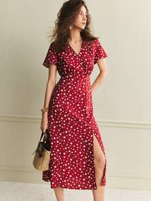 Écloséra 红色波点连衣裙，优雅女装，性感女士连衣裙，质感连衣裙，适合春夏穿着，开衩下摆女装，法式复古风连衣裙 - 紅色 - 查看 6