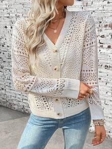 Breezaya Women's Apricot V-Neck Perforated Button Cardigan, Fashionable Versatile Minimalist Design, Suitable For Spring/Summer, Beach Vacation - Apricot - View 4