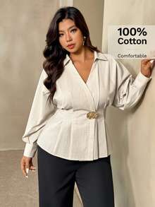 Auralis 女士长袖褶裥不对称金属扣装饰白色衬衫，优雅裹身式衬衫，适合工作场合，法式浪漫风格上衣，适合秋季、冬季和春季穿着。 - 米色 - 查看 6