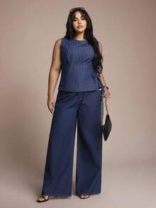 Auralis Áo denim nữ cỡ lớn cổ tròn thiết kế thắt nút kẻ sọc, kiểu dáng thường ngày đa năng, thích hợp mặc mùa xuân đến hè, đi lễ hội, đi nghỉ mát, tốt nghiệp, phong cách Y2K, dễ thương, thời trang đường phố, dự tiệc, đám cưới, thanh lịch, công sở, phong cách thường ngày. Áo kiểu denim không tay cỡ lớn dành cho nữ với họa tiết kẻ sọc và dây buộc điều chỉnh được. - Màu xanh lam - Xem 6