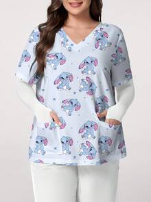 PopScrub Blue Cute Rabbit & Star Cartoon Print V-Neck Short Sleeve Pocket Decor Split Hem Plus Size Scrub Top, Spring/Summer Nurse Uniform - Multicolor - View 1