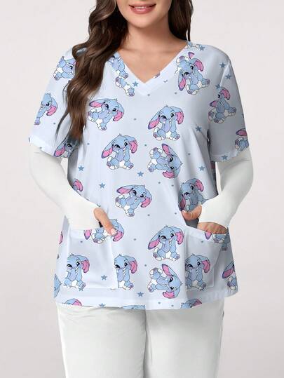 PopScrub Blue Cute Rabbit & Star Cartoon Print V-Neck Short Sleeve Pocket Decor Split Hem Plus Size Scrub Top, Spring/Summer Nurse Uniform