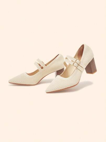 CUCCOO BASICS Women's Fashion Black Wood Grain Mary Jane Pointed Toe Chunky High Heel Shoes, For Commuting, Dating, Party, Holiday, Shopping For Christmas Valentine's Day