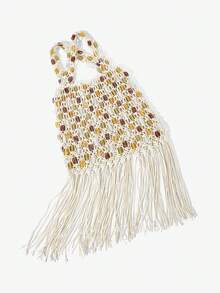 Maija 女士单肩包、流浪包、钩针编织包，饰有流苏和串珠，时尚、优雅、简约、个性化、百搭，适合海滩、度假、假日、夏季、海边、沙滩派对等场合 - 米白色 - 查看 4