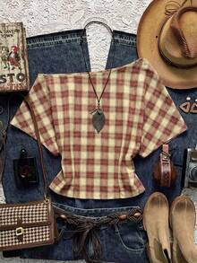 Easelle 2026 Women's Plaid Batwing Sleeve Casual Loose Top, Red Off-Shoulder Plaid Blouse, Red Short Sleeve Retro Top - Red - View 1