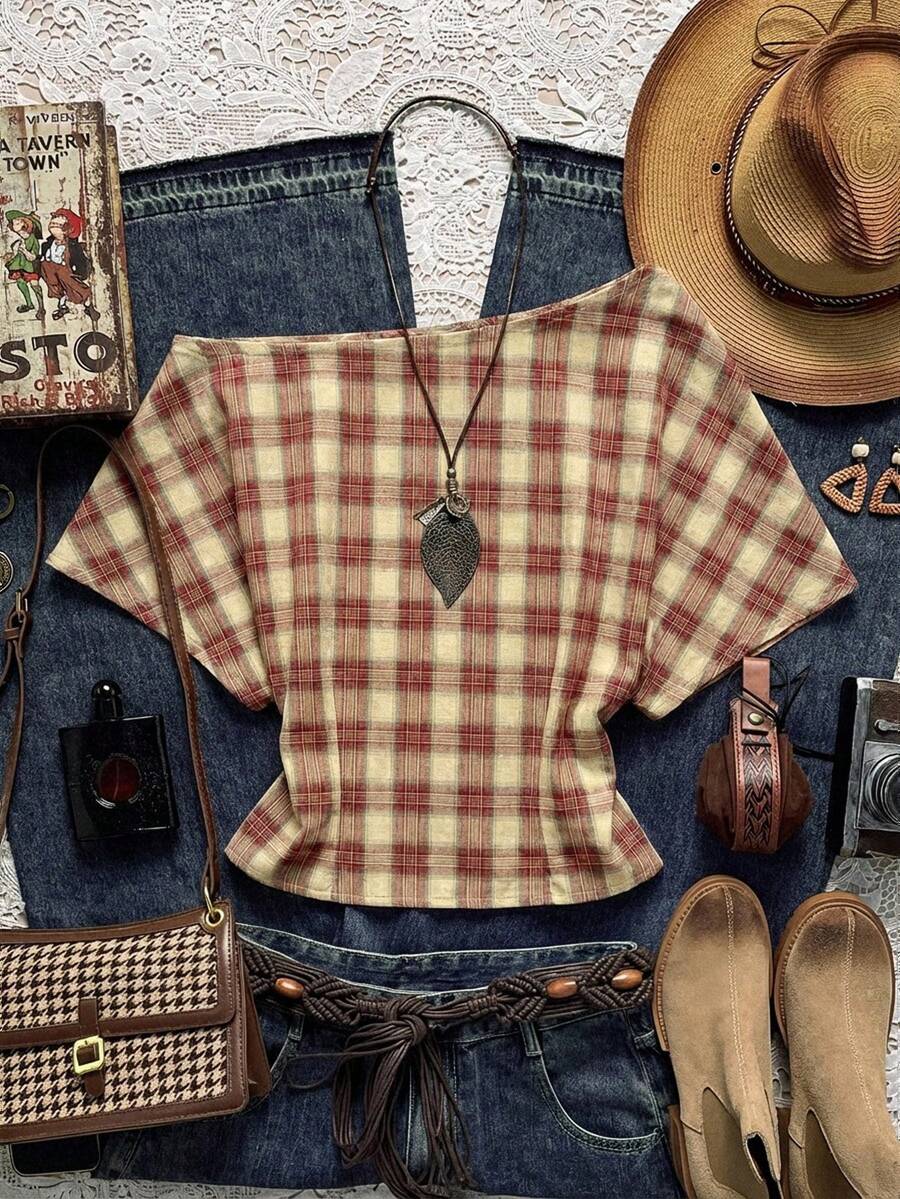 Easelle 2026 Women's Plaid Batwing Sleeve Casual Loose Top, Red Off-Shoulder Plaid Blouse, Red Short Sleeve Retro Top - Red - View 1