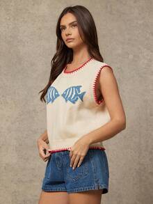 WESTFADE 圆领多针鱼形嵌花针织背心，春假、度假、夏季、休闲、可爱、海滩、假期、纳什维尔、牛仔、西部风格女装 - 杏色 - 查看 4