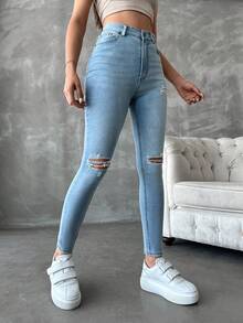 SHEIN Cottnline Ripped Skinny Jeans - Blue - View 4