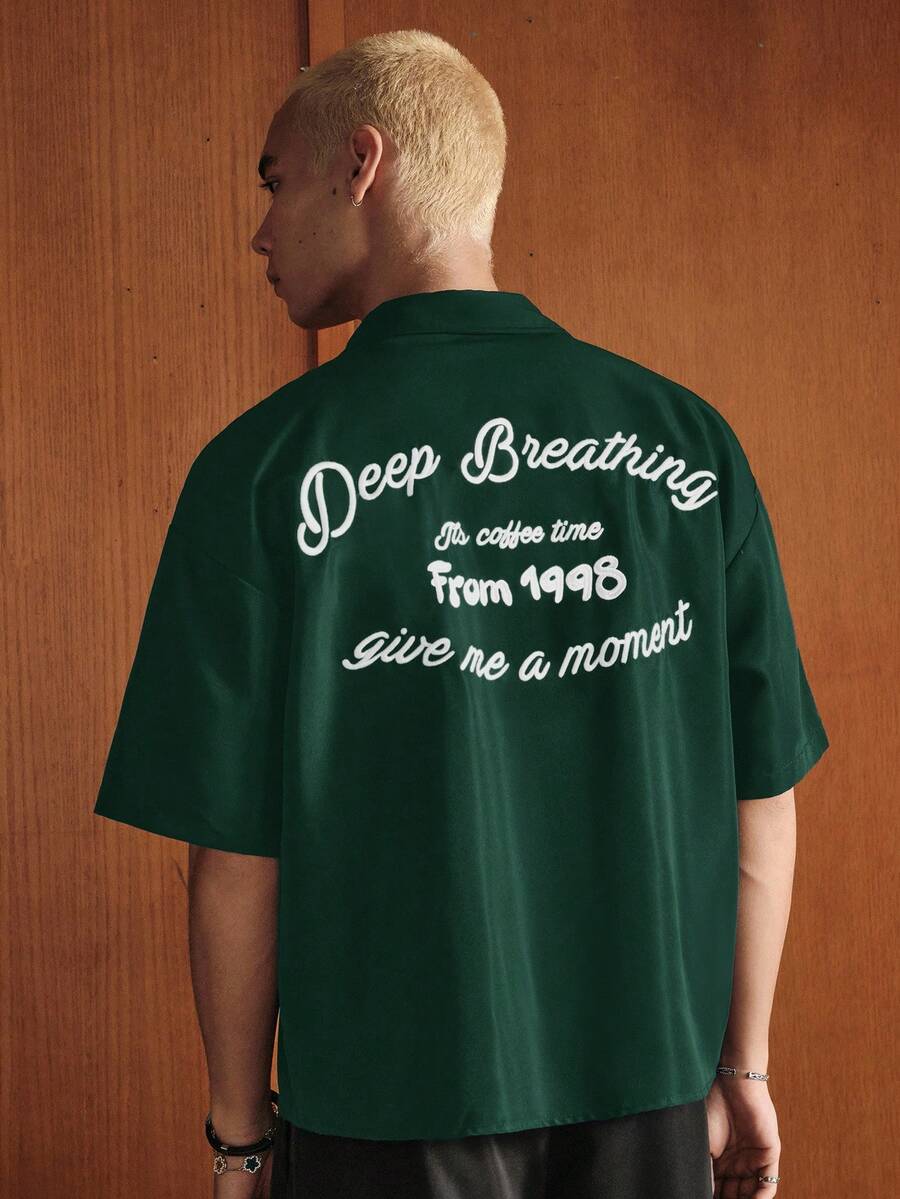 SWAVVY Men's Letter Print Front Button Casual Short Sleeve Shirt, Summer - Green - View 1