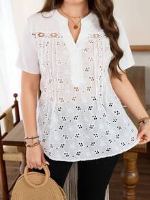 Lacomfia Chemise décontractée pour femmes grandes tailles, manches courtes, couleur unie, jacquard, patchwork - Blanc - Voir 5