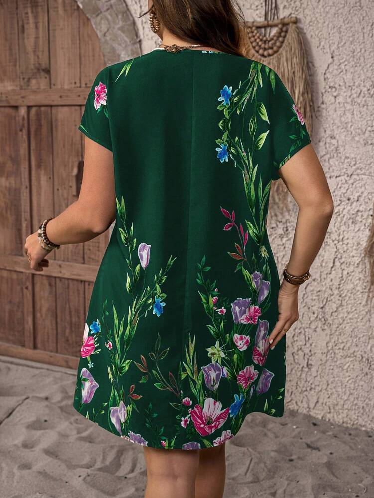 Plus Size Floral Print Short Sleeve Dress Summer Dress  Summer Outfits Summer Clothes Spring Dress Spring Outfit Women Spring Clothing Country Style For Women Country Dress For Women Vacation Outfits Women Plus Size Floral Dress Green Floral Dress Women Plus Size Vacation Dress Short Sleeve Summer Dress