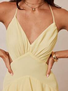Enchnt 女士优雅露背吊带荷叶边开衩连衣裙，夏季 - 黃色 - 查看 7